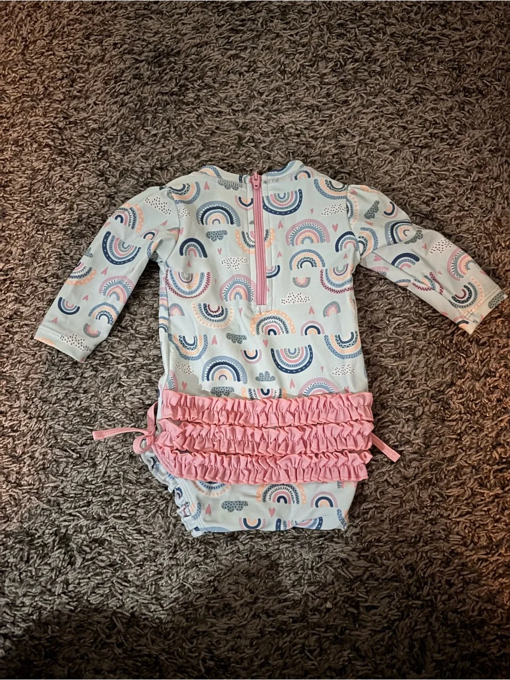 Ruffle Butts Long-Sleeve Rainbow Print Swim Bodysuit - Pink & Blue